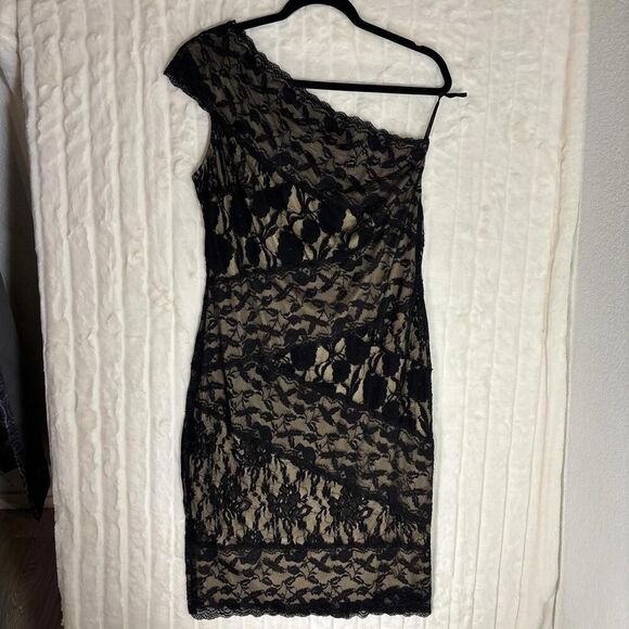 ONYX NITE Black Lace One Shoulder Nude Slip Sheath Party Dress Medium M 18” ptp - Picture 1 of 7